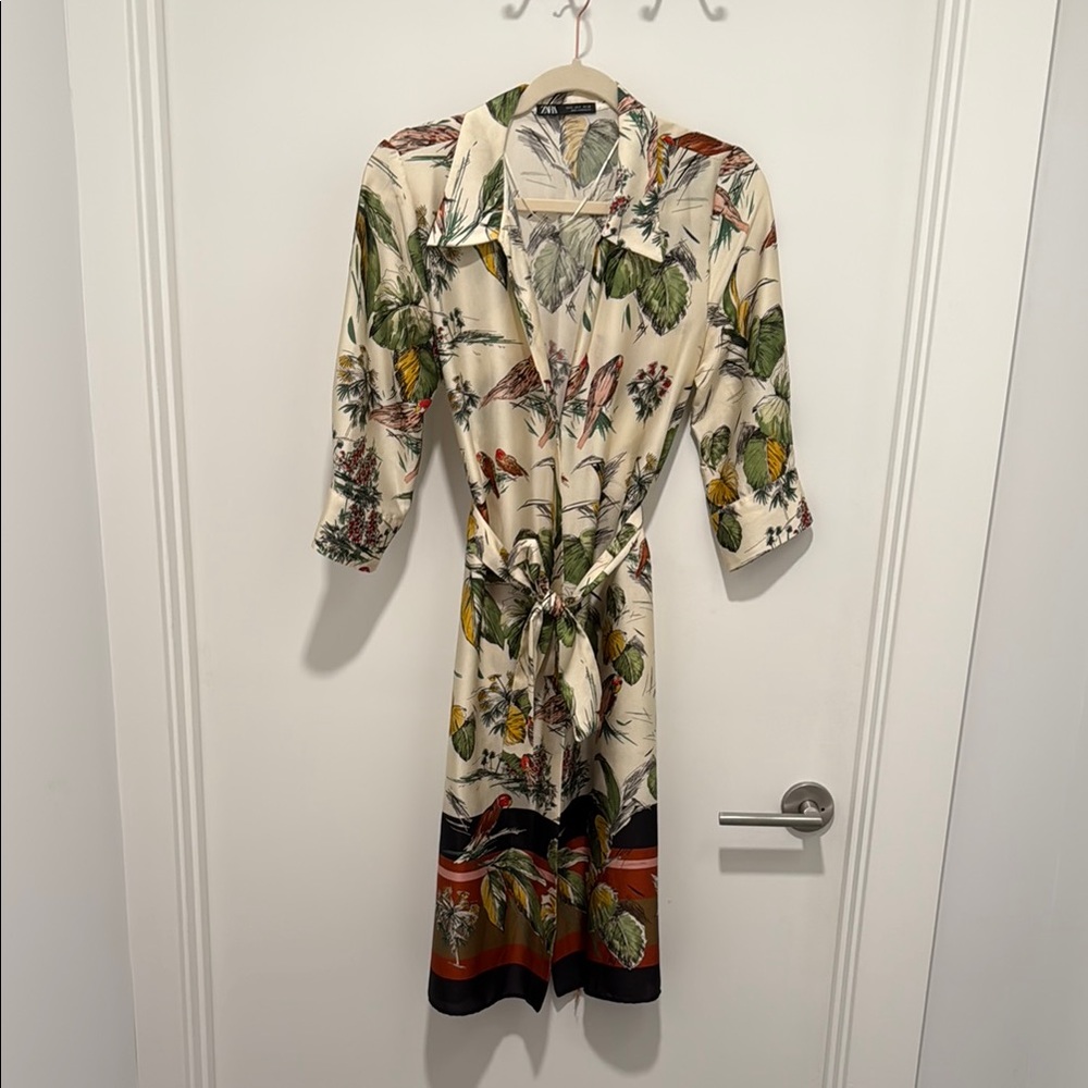 Zara Green Wrap Midi Dress with Notched Collar